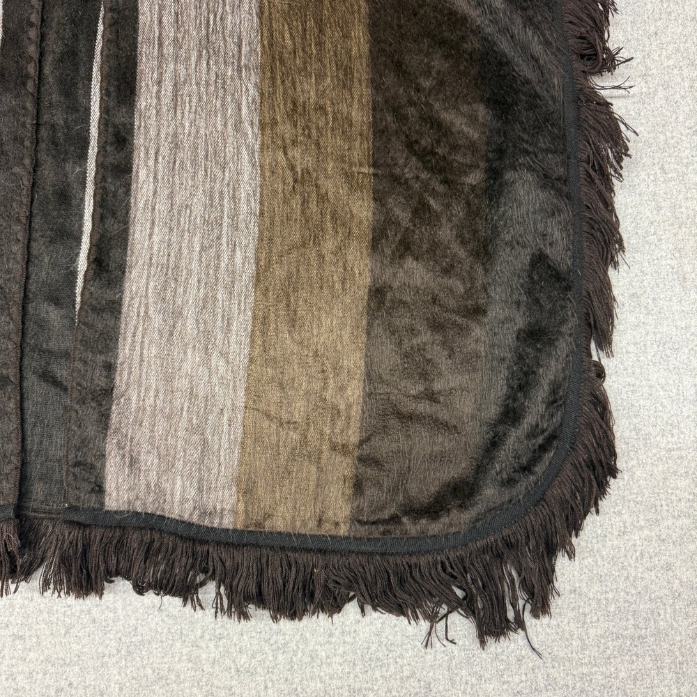 Unbranded Hooded Poncho One Size Brown Striped Fringe Button Wrap Bohemian Soft - Picture 2 of 8